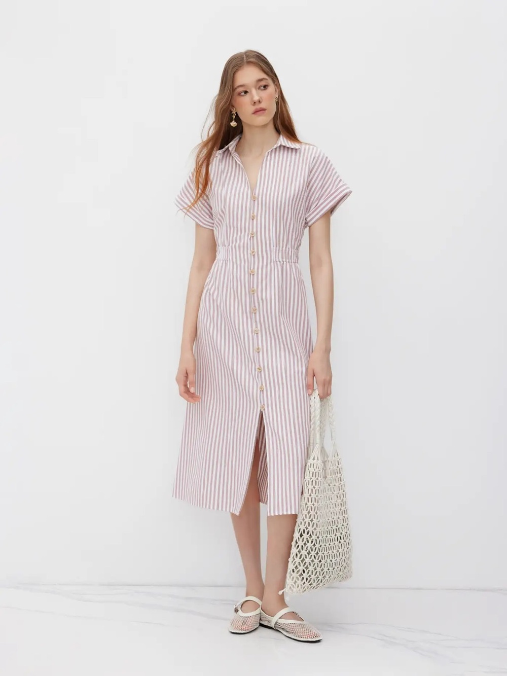 Cider khaki and White Striped Button-Front Maxi Dress